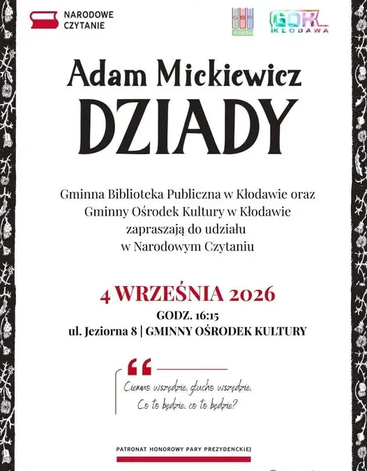 Narodowe Czytanie „Dziadów” w Kłodawie – zaproszenie na wspólne czytanie