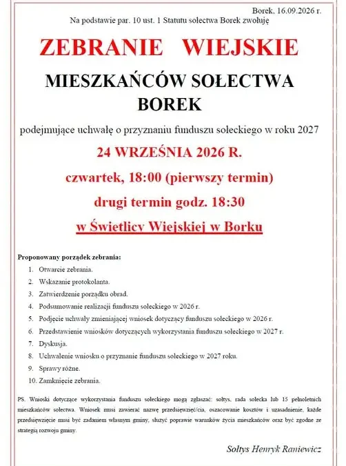 Sołectwo Borek zwołuje zebranie wiejskie. Mieszkańcy zdecydują o funduszu sołeckim na 2027 rok