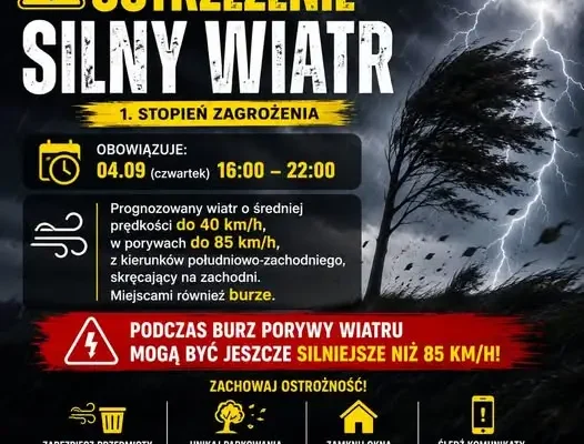 Ostrzeżenie 1. stopnia: silny wiatr i możliwe burze w gminie Bogdaniec