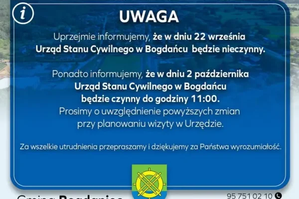 Urząd Stanu Cywilnego w Bogdańcu: zmiany w godzinach pracy we wrześniu i październiku