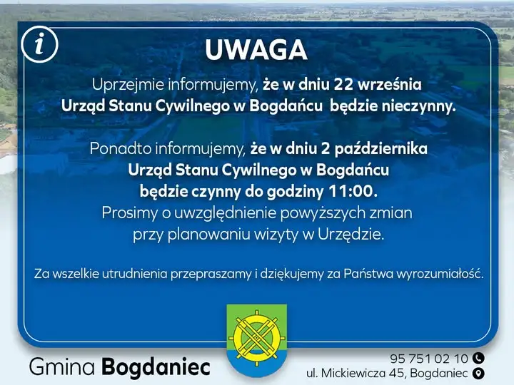 Urząd Stanu Cywilnego w Bogdańcu: zmiany w godzinach pracy we wrześniu i październiku