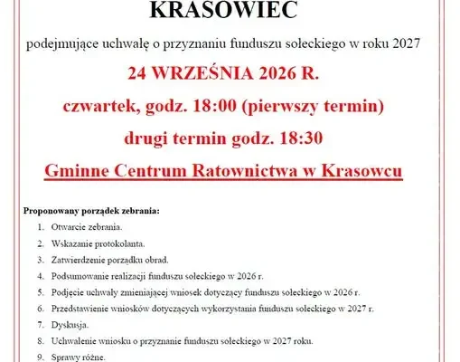 Krasowiec: zebranie wiejskie zdecyduje o funduszu sołeckim na 2027 rok