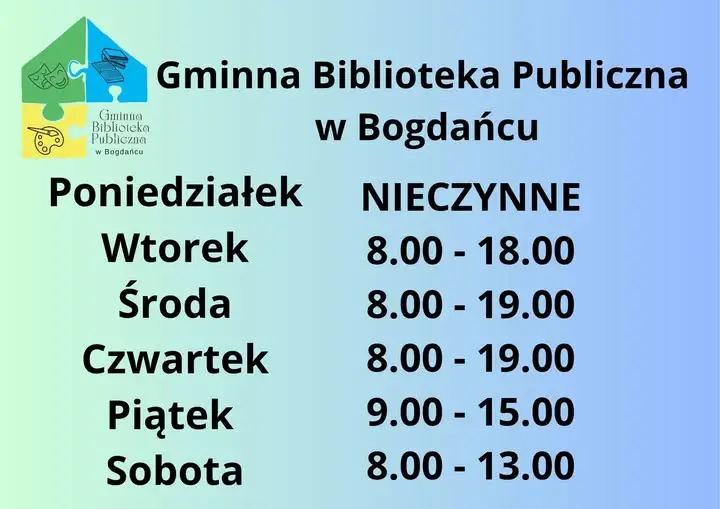 Nowe godziny otwarcia Gminnej Biblioteki Publicznej w Bogdańcu od 1 października 2026 r.