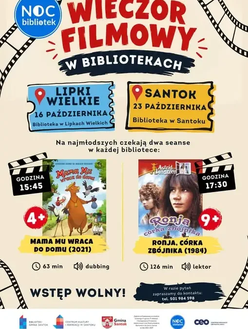 Noc Bibliotek 2026 w Gminie Santok – dwa seanse filmowe dla dzieci i rodzin